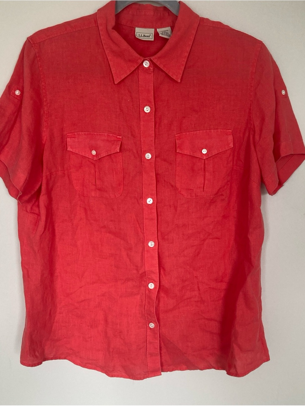 LL Bean 100% Linen Short Sleeve Button Down Camp Shirt Coral Pink Womens Size L